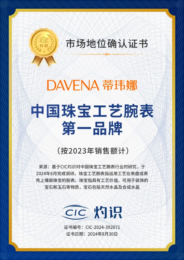 询“中国珠宝工艺腕表第一品牌” 市场地位认证凯发k8网站DAVENA蒂玮娜获CIC灼识咨(图2)